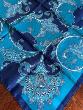 Blue Teal Paisley Italian Scarf 26“ x 26“